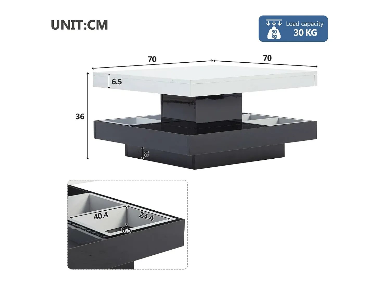 Mesa de centro com arrumação 70x70x36 cm - tampo brilhante giratório 360° - Branco e Preto