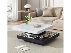 Mesa de centro com arrumação 70x70x36 cm - tampo brilhante giratório 360° - Branco e Preto