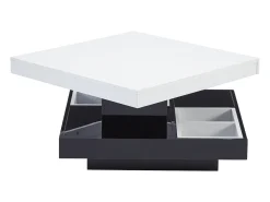 Mesa de centro com arrumação 70x70x36 cm - tampo brilhante giratório 360° - Branco e Preto