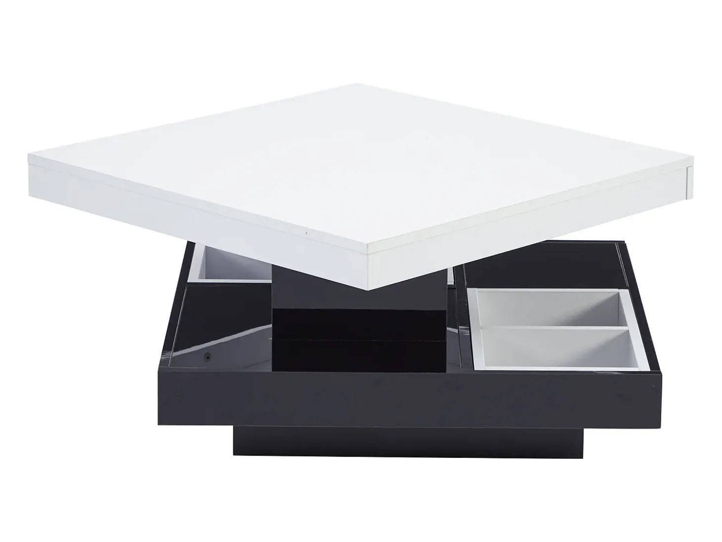 Mesa de centro com arrumação 70x70x36 cm - tampo brilhante giratório 360° - Branco e Preto