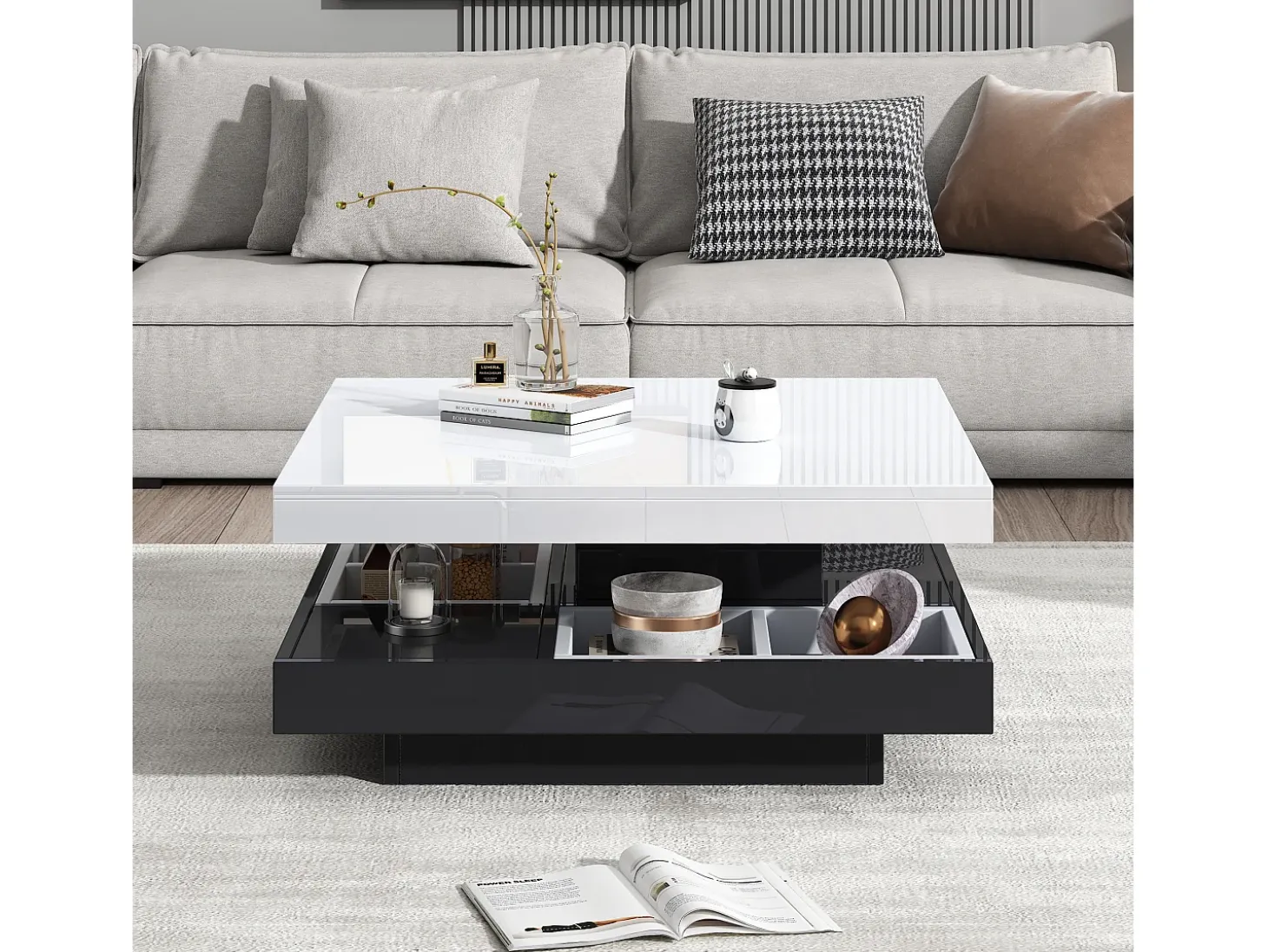 Mesa de centro com arrumação 70x70x36 cm - tampo brilhante giratório 360° - Branco e Preto