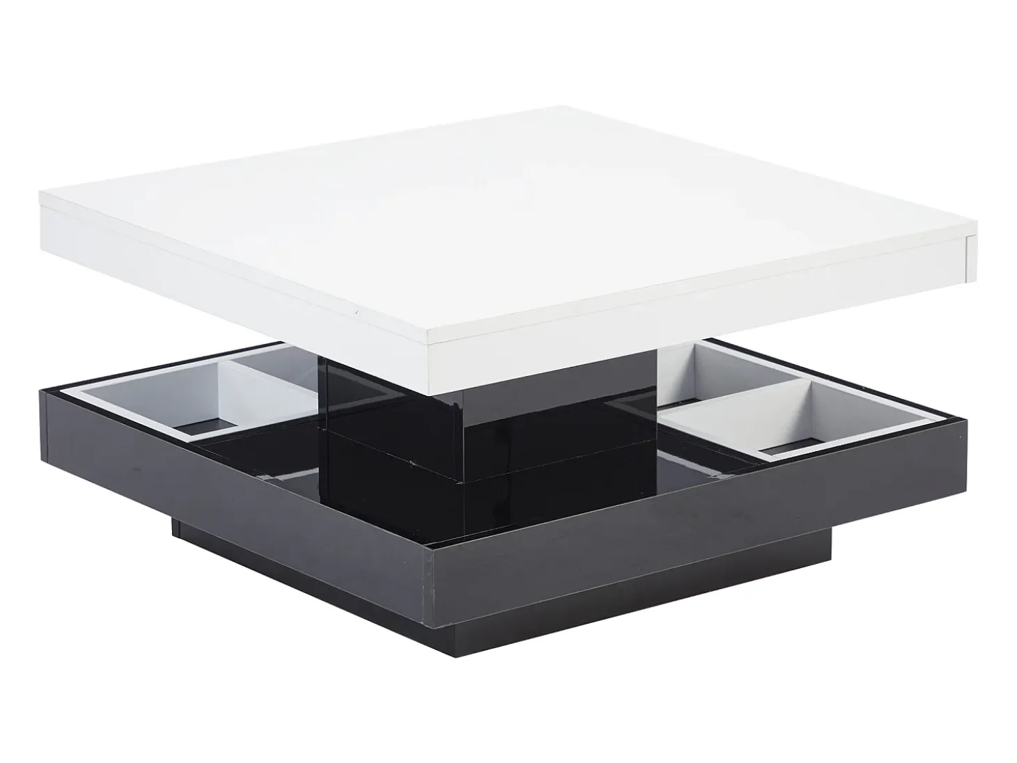 Mesa de centro com arrumação 70x70x36 cm - tampo brilhante giratório 360° - Branco e Preto