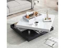 Mesa de centro com arrumação 70x70x36 cm - tampo brilhante giratório 360° - Branco e Preto