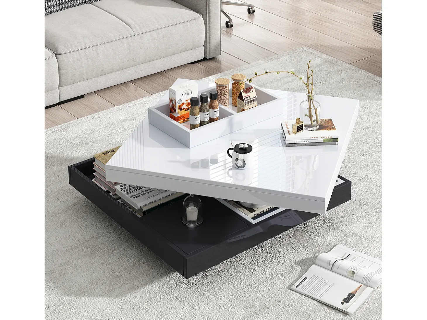 Mesa de centro com arrumação 70x70x36 cm - tampo brilhante giratório 360° - Branco e Preto