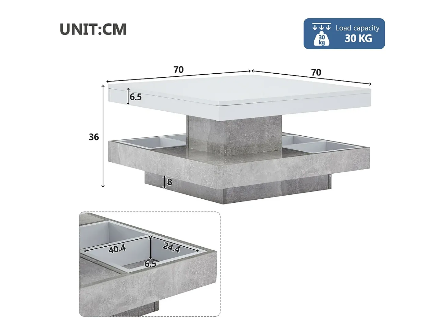 Mesa de centro com arrumação 70x70x36 cm - tampo brilhante giratório 360° - Branco e Cinza
