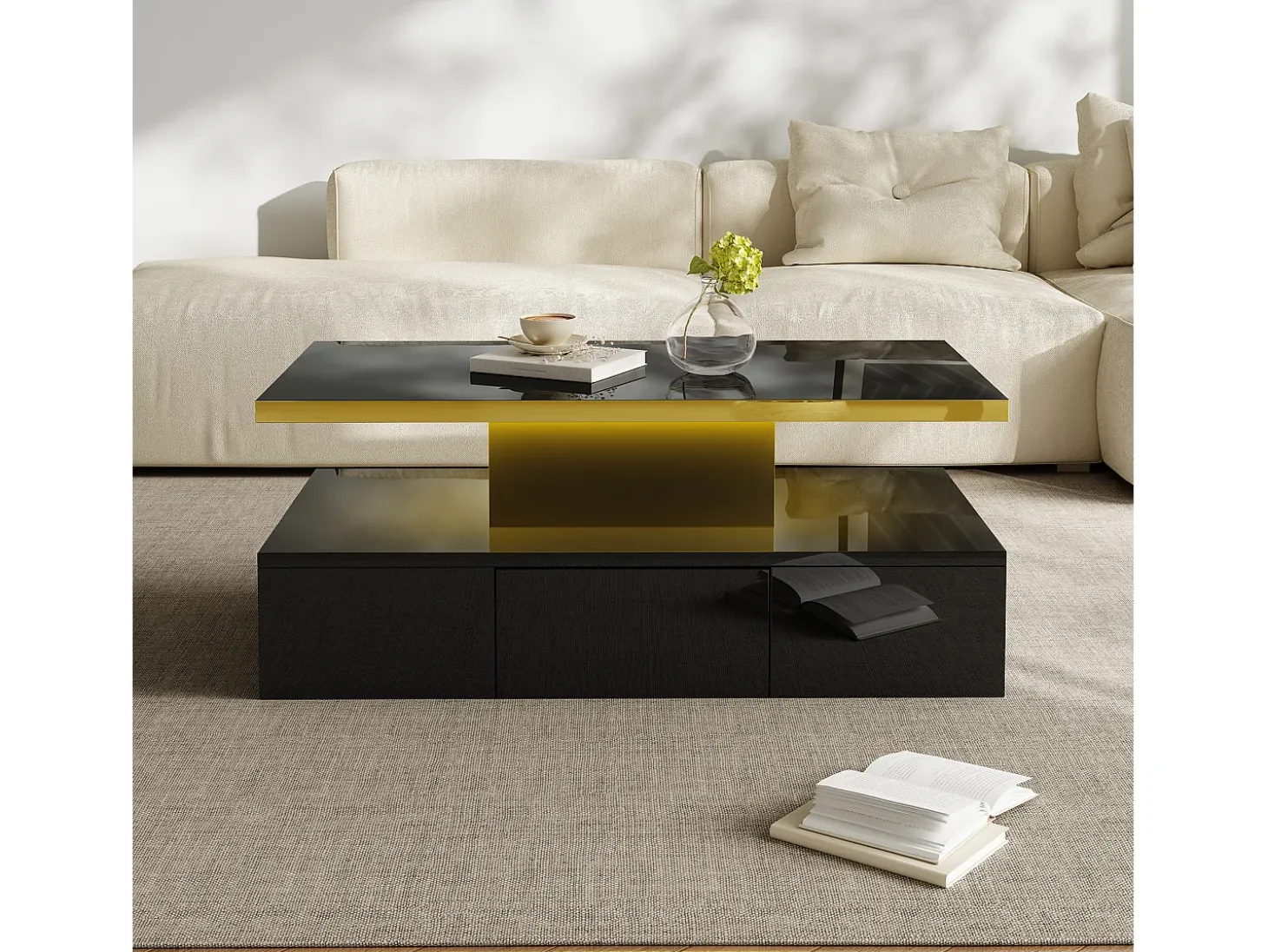 Mesa de centro com arrumação com LED - aspeto brilhante - Preto