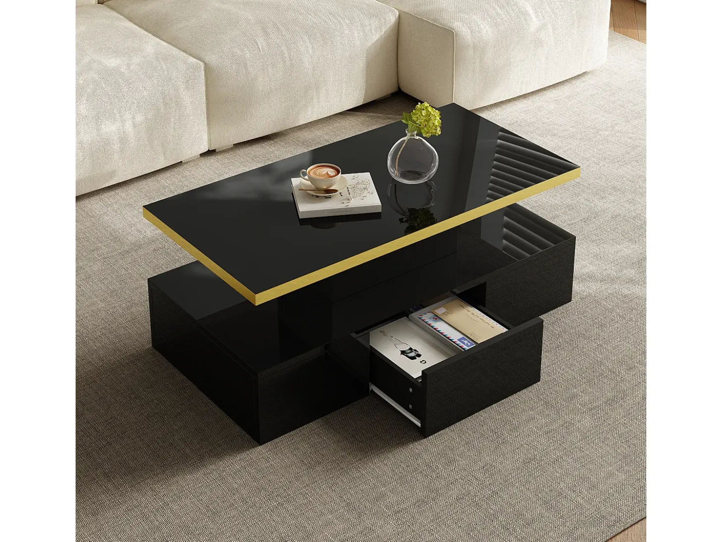 Mesa de centro com arrumação com LED - aspeto brilhante - Preto