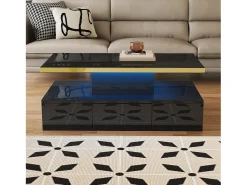 Mesa de centro com arrumação com LED - aspeto brilhante - Preto