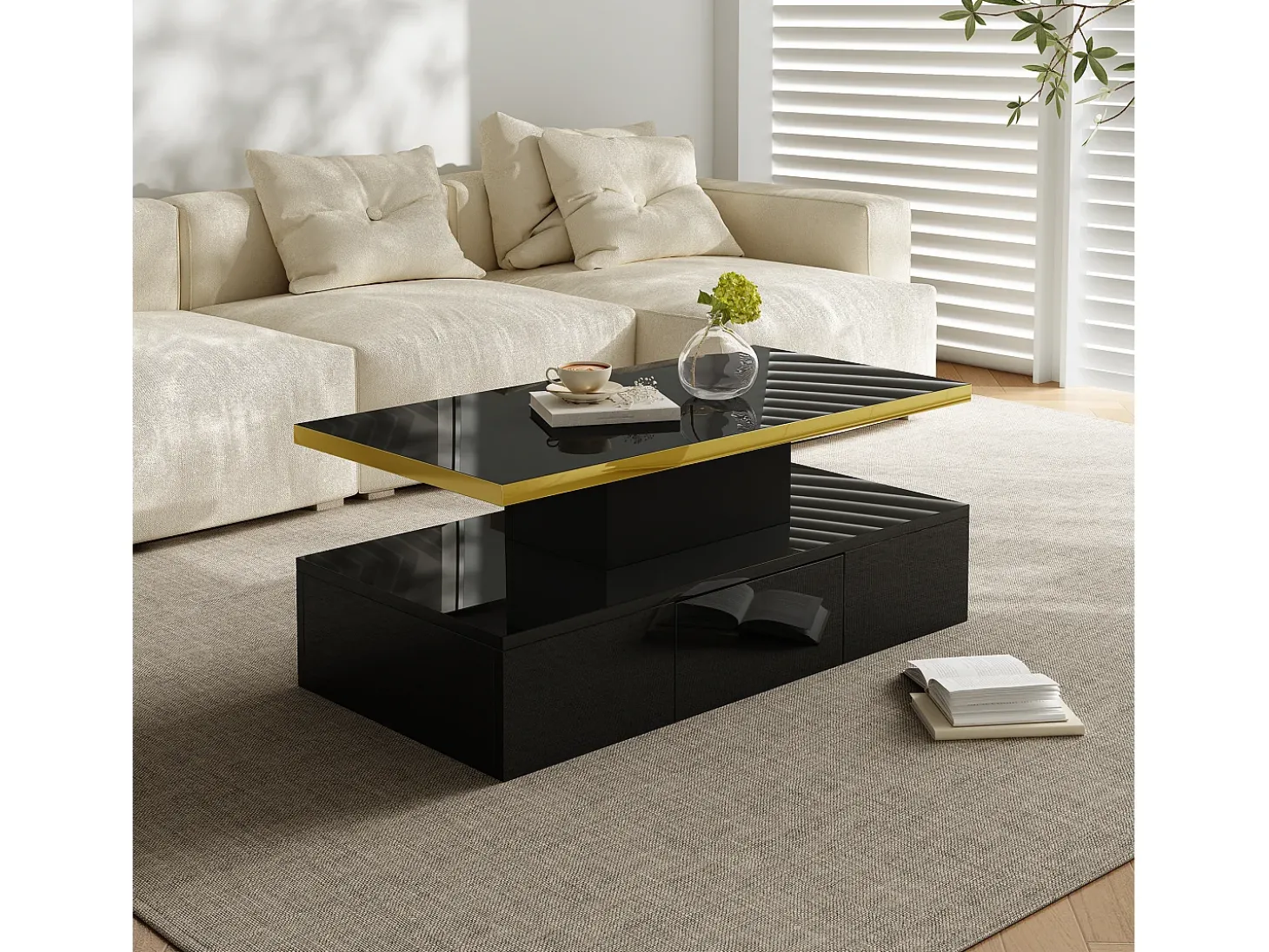 Mesa de centro com arrumação com LED - aspeto brilhante - Preto