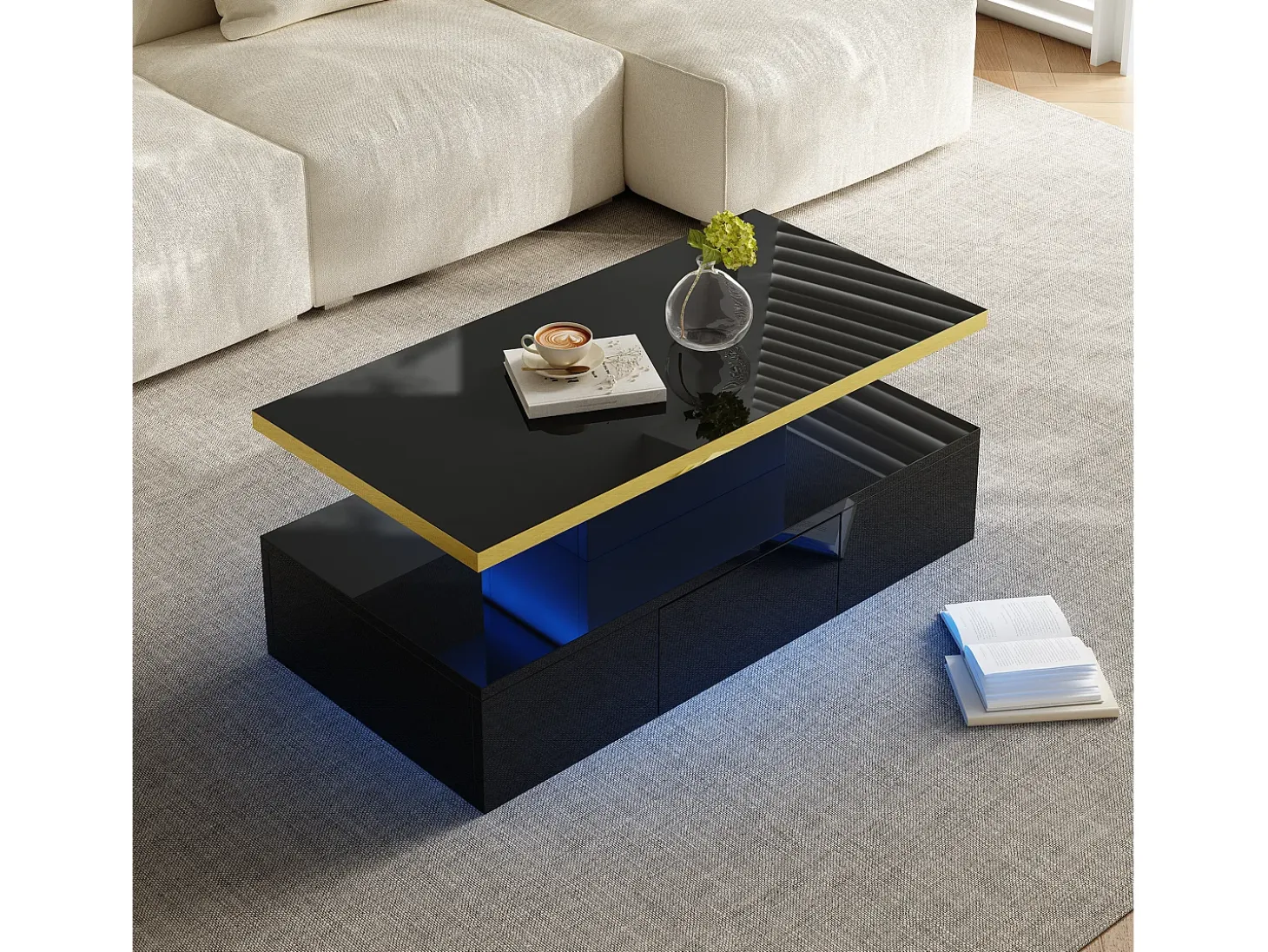 Mesa de centro com arrumação com LED - aspeto brilhante - Preto