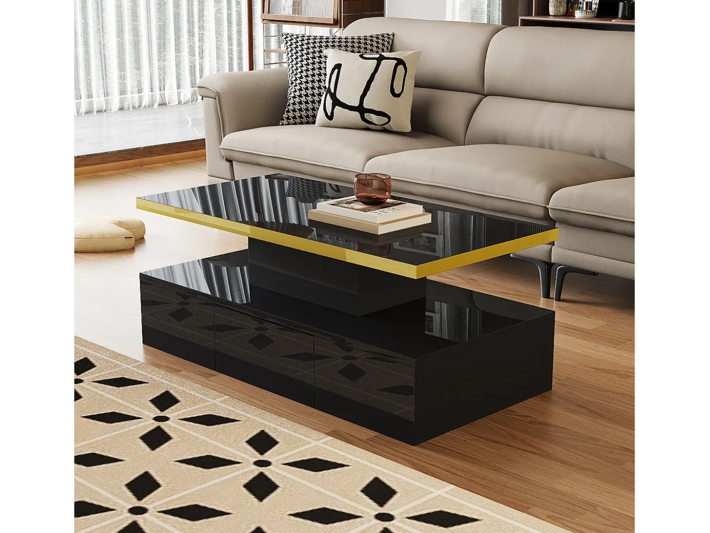 Mesa de centro com arrumação com LED - aspeto brilhante - Preto