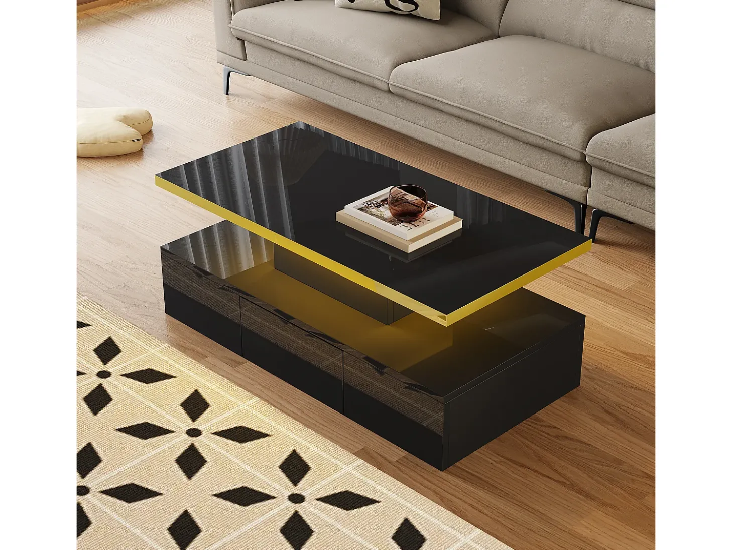 Mesa de centro com arrumação com LED - aspeto brilhante - Preto