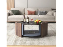 Mesa de centro com espaço de arrumação - Tampo com efeito mármore - Preto e nogueira