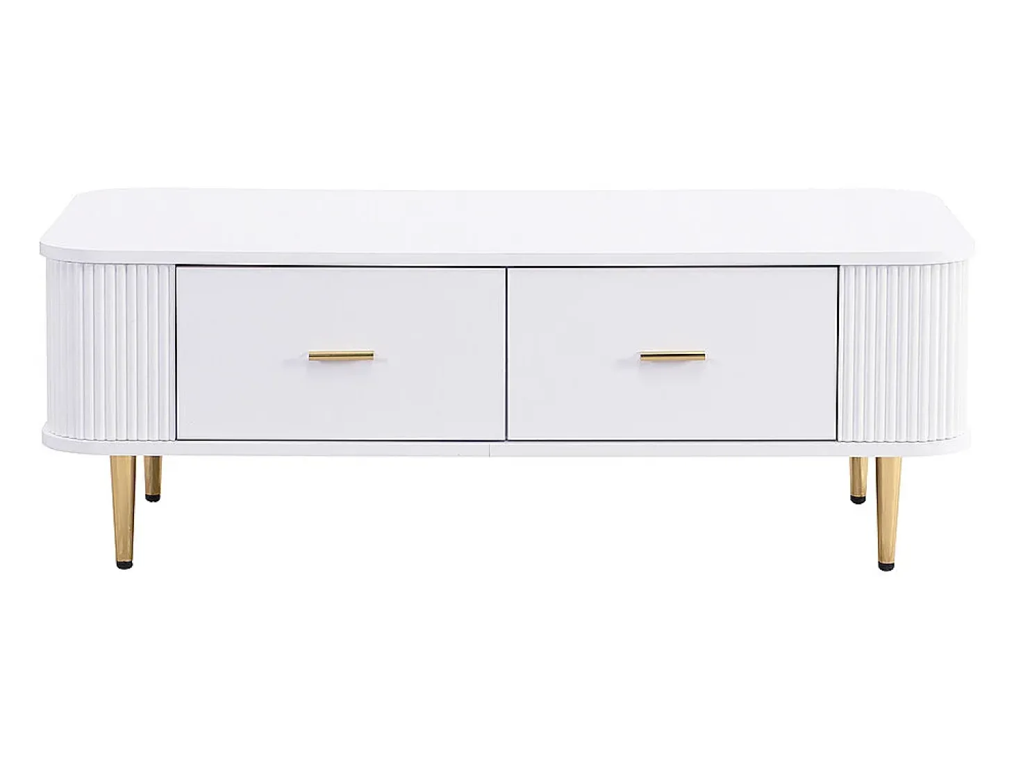 Mesa de centro com gavetas, cantos curvos, mesa de centro com laterais onduladas, pegas e pés dourados, mesa de apoio