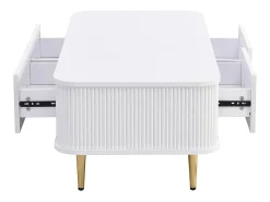 Mesa de centro com gavetas, cantos curvos, mesa de centro com laterais onduladas, pegas e pés dourados, mesa de apoio
