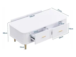 Mesa de centro com gavetas, cantos curvos, mesa de centro com laterais onduladas, pegas e pés dourados, mesa de apoio