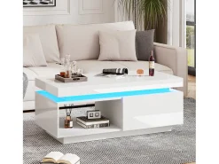 Mesa de centro com gavetas, 100x50 cm, iluminação LED com comando, superfície lacada a branco.