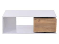 Mesa de centro com gaveta giratória - Tampo com acabamento brilhante - Branco e madeira