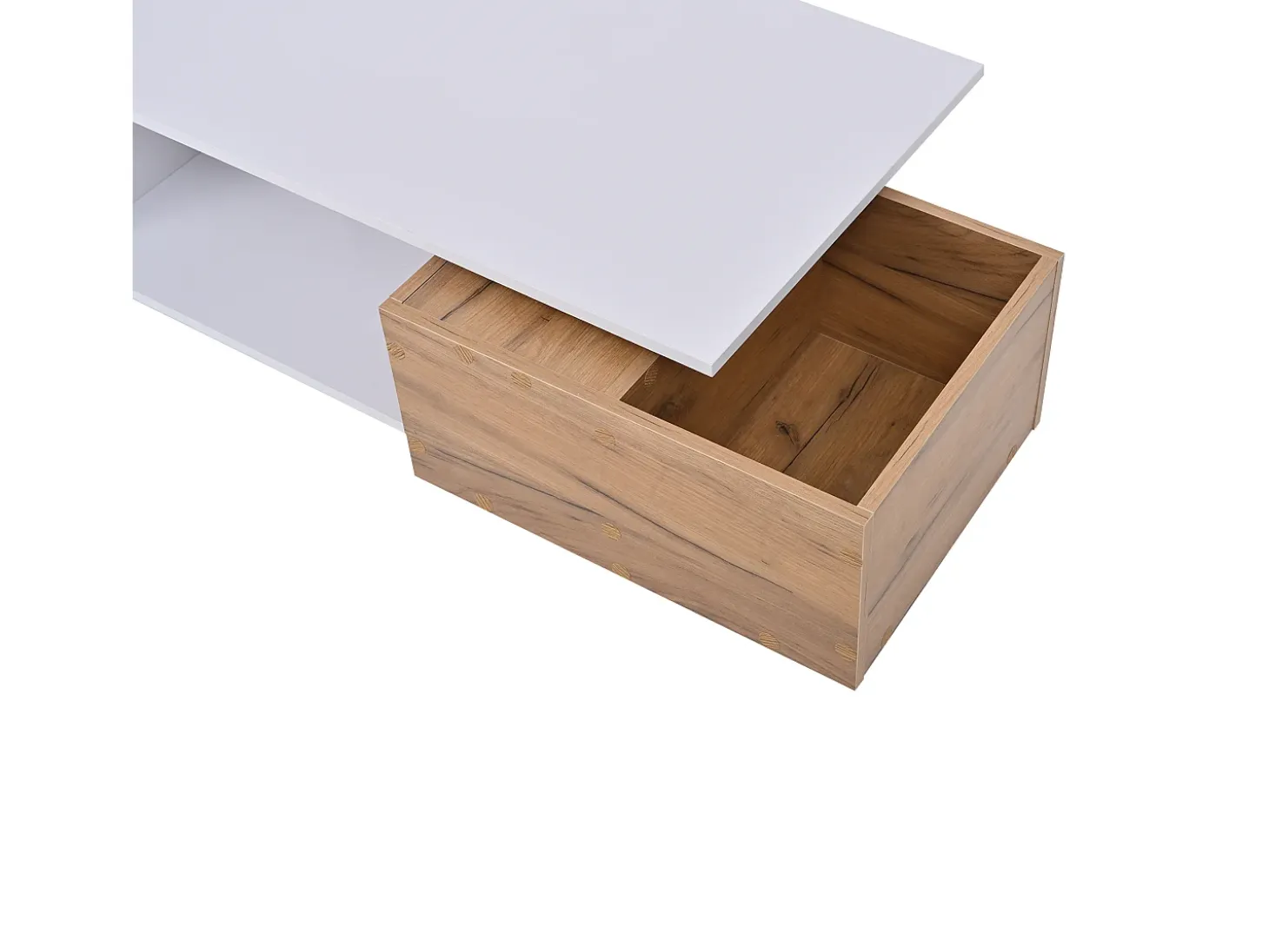 Mesa de centro com gaveta giratória - Tampo com acabamento brilhante - Branco e madeira