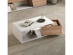 Mesa de centro com gaveta giratória - Tampo com acabamento brilhante - Branco e madeira