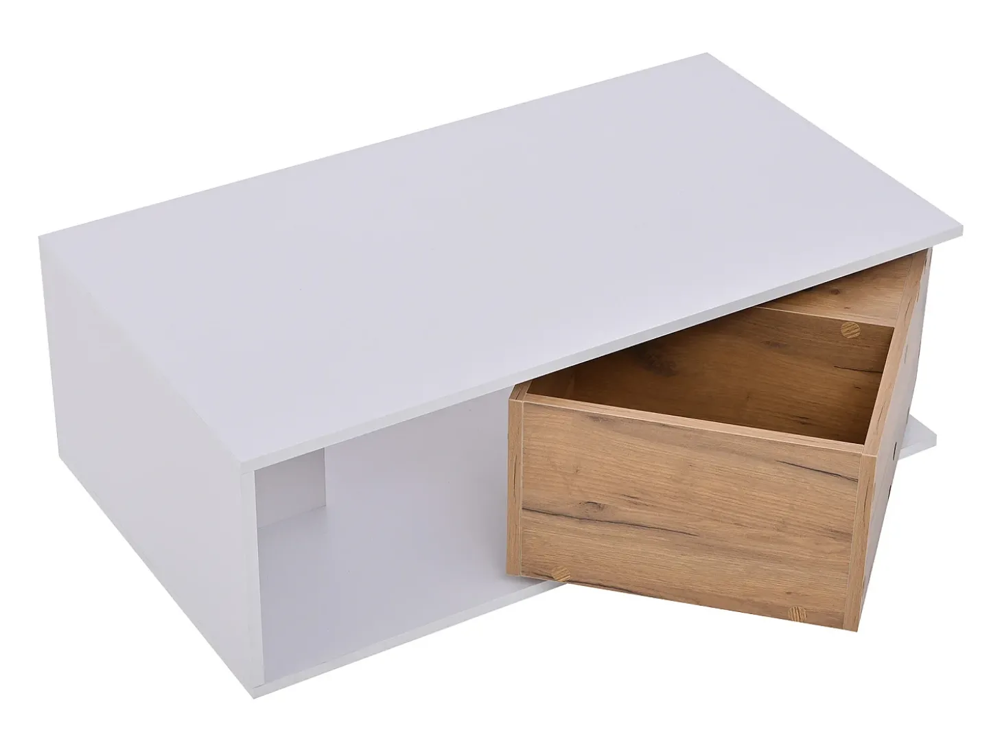 Mesa de centro com gaveta giratória - Tampo com acabamento brilhante - Branco e madeira