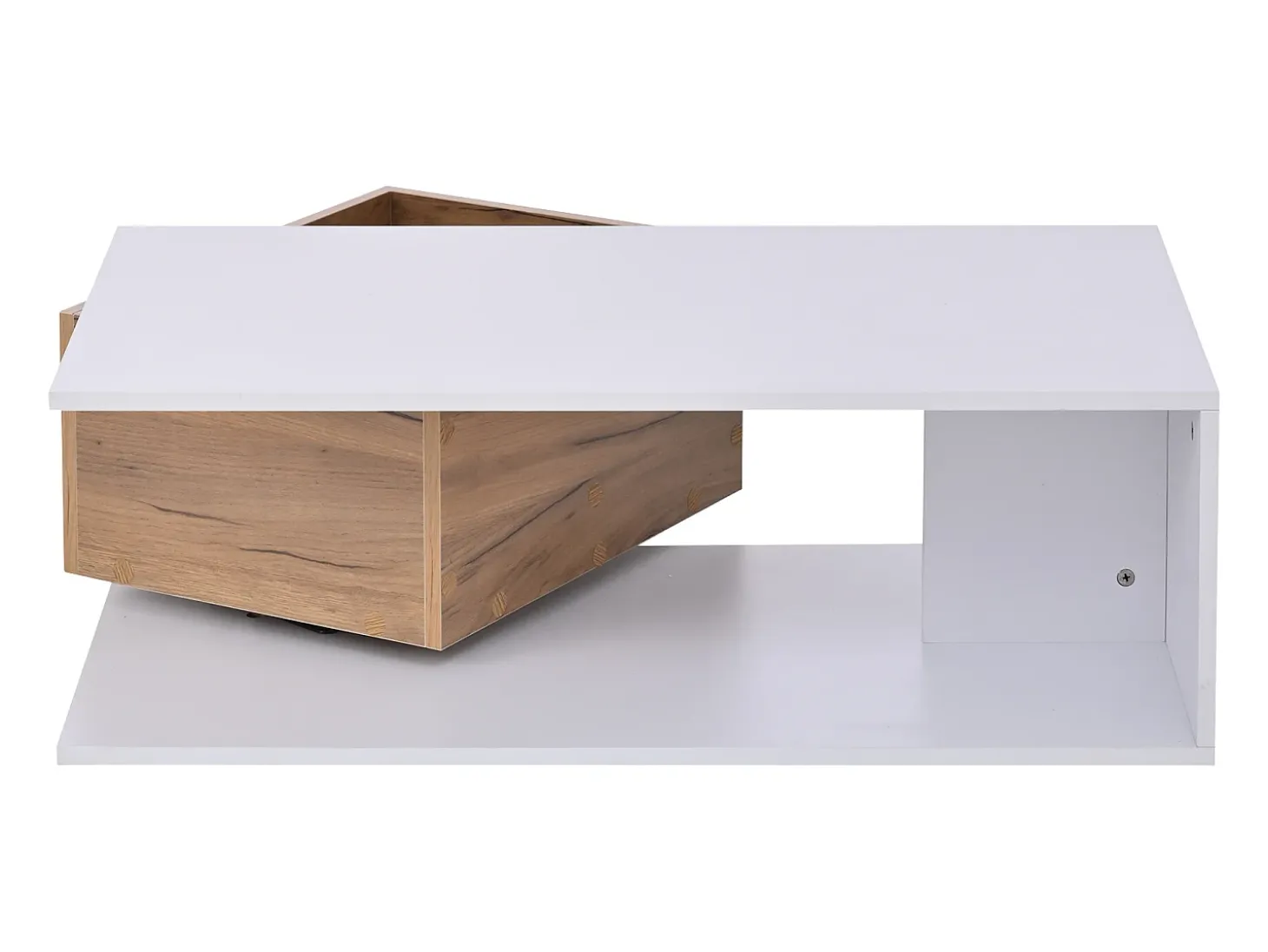 Mesa de centro com gaveta giratória - Tampo com acabamento brilhante - Branco e madeira