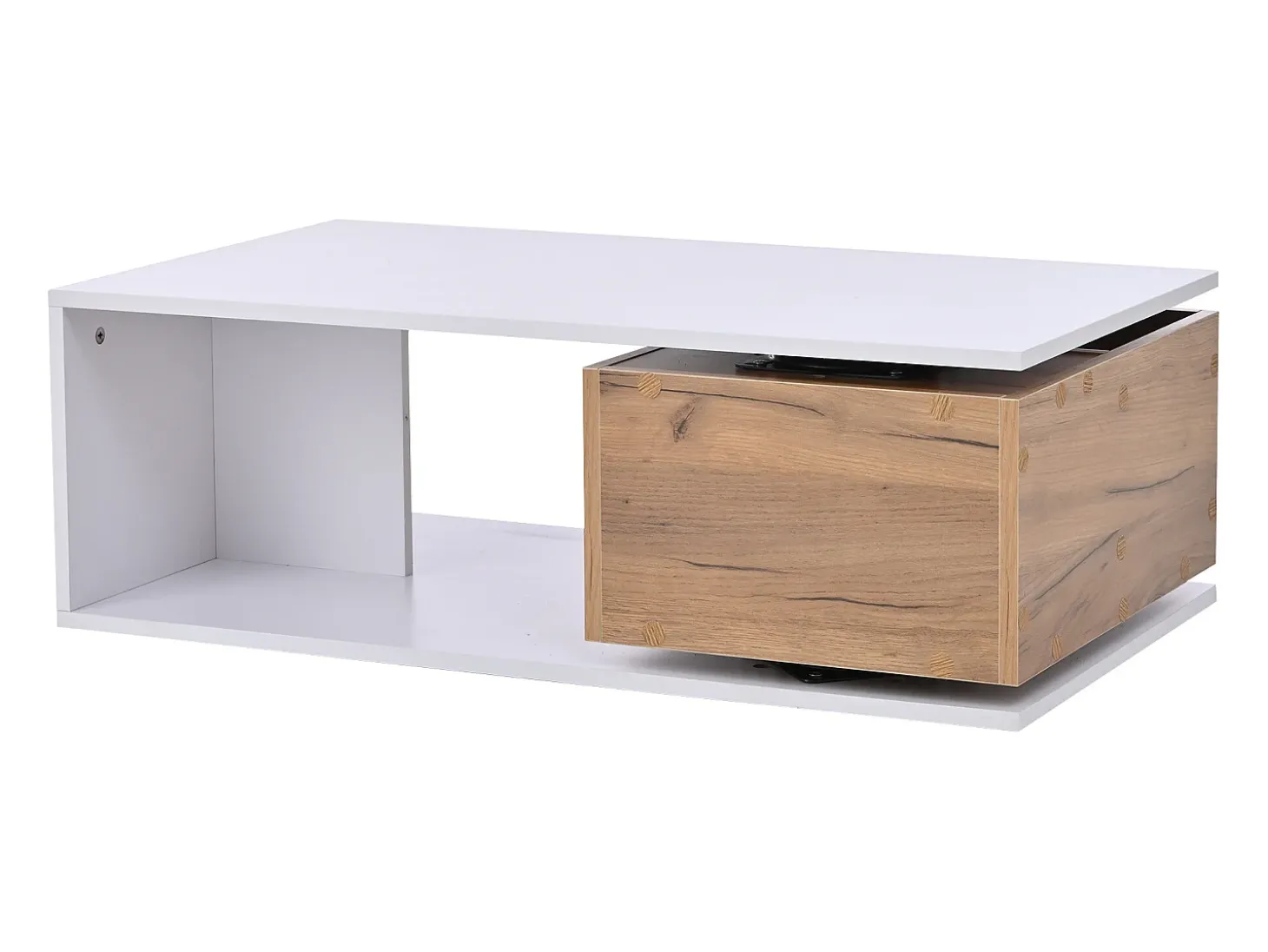 Mesa de centro com gaveta giratória - Tampo com acabamento brilhante - Branco e madeira