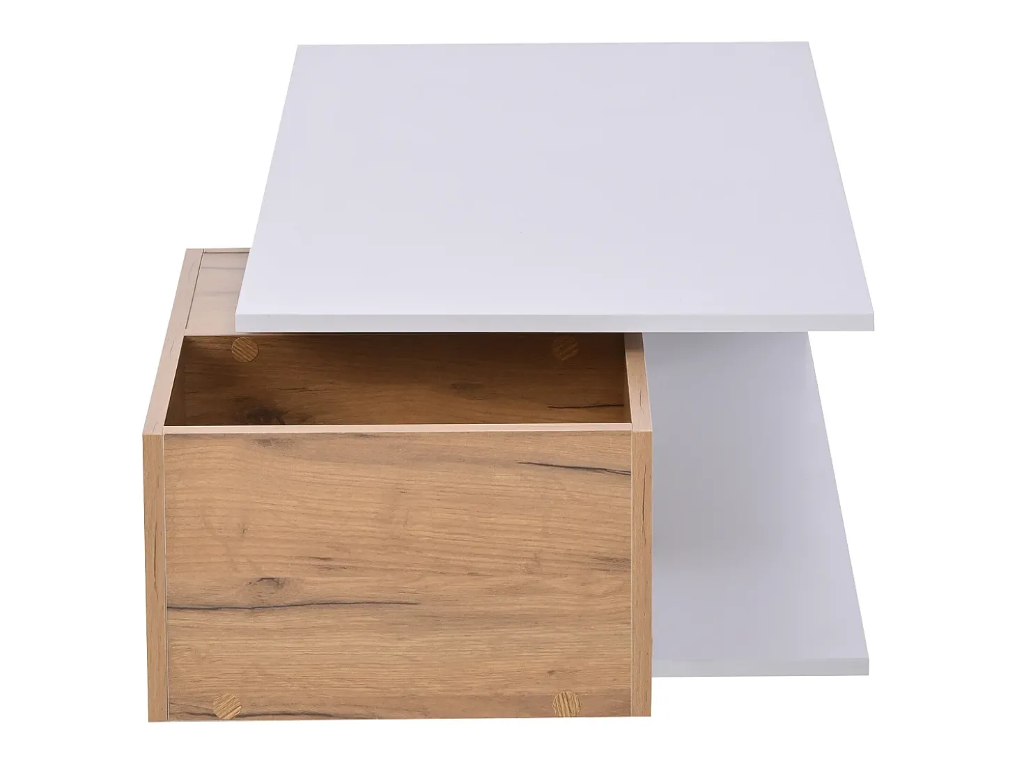 Mesa de centro com gaveta giratória - Tampo com acabamento brilhante - Branco e madeira