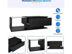 Mesa de centro com iluminação LED - com tampo de vidro e gavetas - Preto