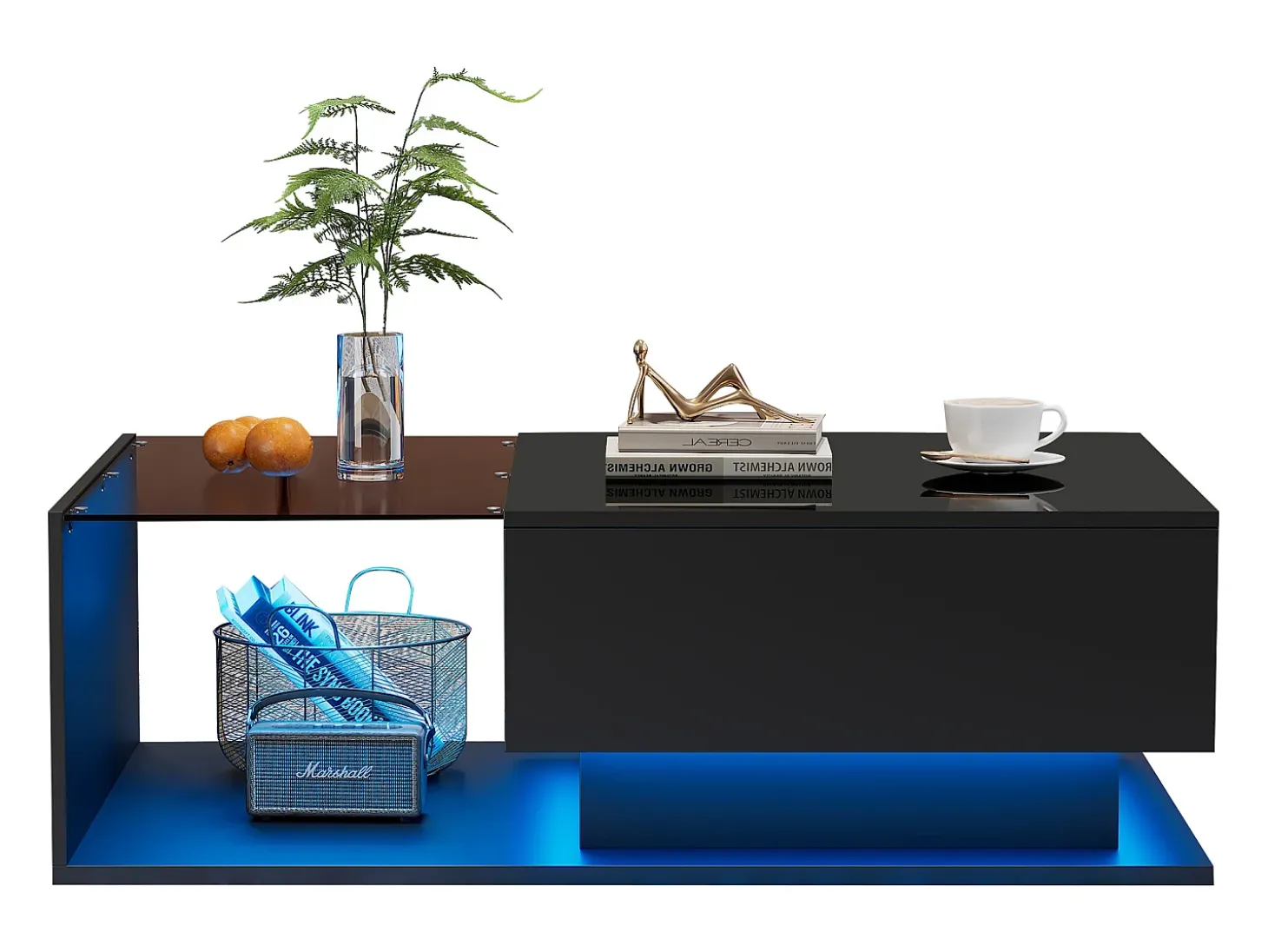 Mesa de centro com iluminação LED - com tampo de vidro e gavetas - Preto
