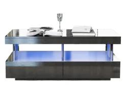 Mesa de centro com iluminação LED e 2 gavetas - Acabamento em preto brilhante