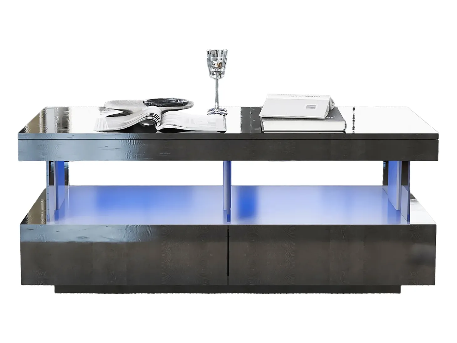 Mesa de centro com iluminação LED e 2 gavetas - Acabamento em preto brilhante