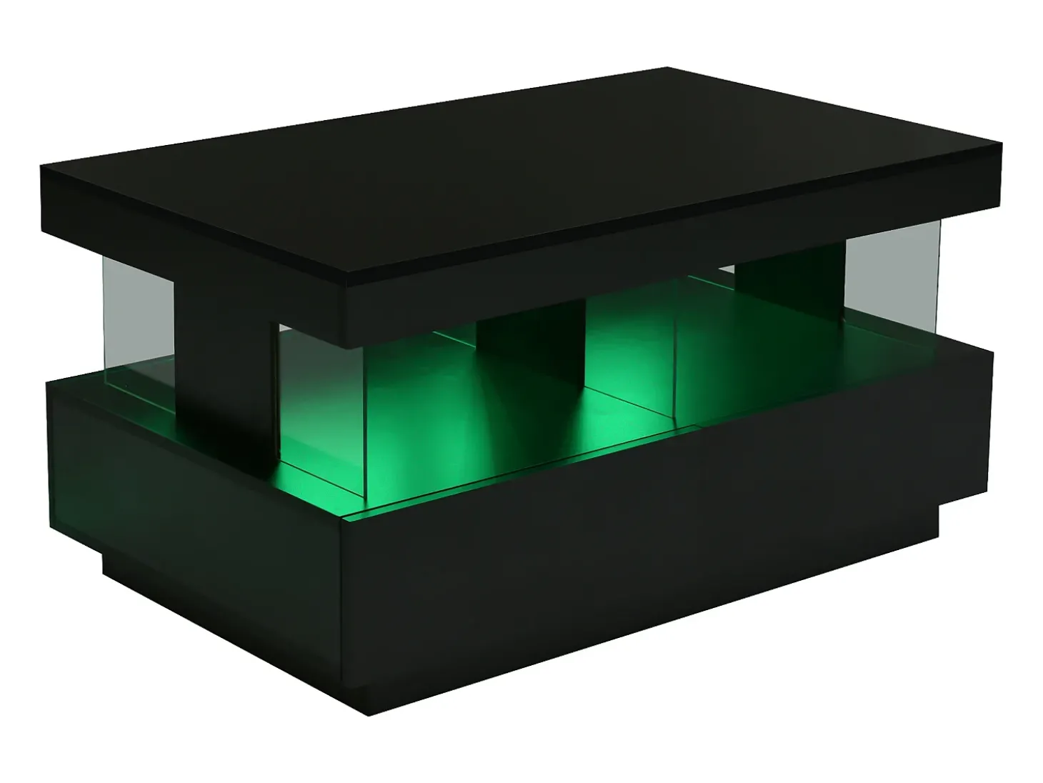 Mesa de centro com iluminação LED e 2 gavetas - Acabamento em preto brilhante