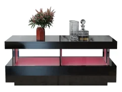 Mesa de centro com iluminação LED e 2 gavetas - Acabamento em preto brilhante