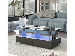 Mesa de centro com iluminação LED e 2 gavetas - Acabamento em preto brilhante