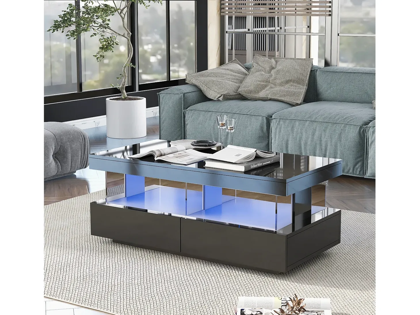 Mesa de centro com iluminação LED e 2 gavetas - Acabamento em preto brilhante