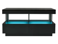 Mesa de centro com iluminação LED e 2 gavetas - Acabamento em preto brilhante