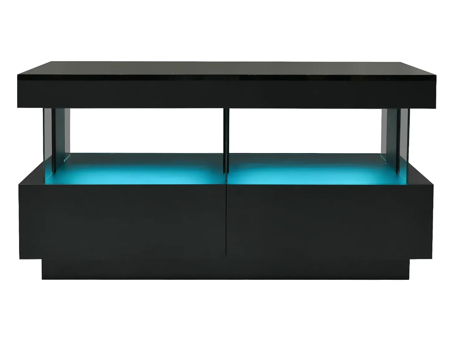 Mesa de centro com iluminação LED e 2 gavetas - Acabamento em preto brilhante