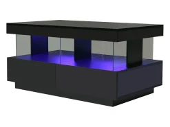 Mesa de centro com iluminação LED e 2 gavetas - Acabamento em preto brilhante