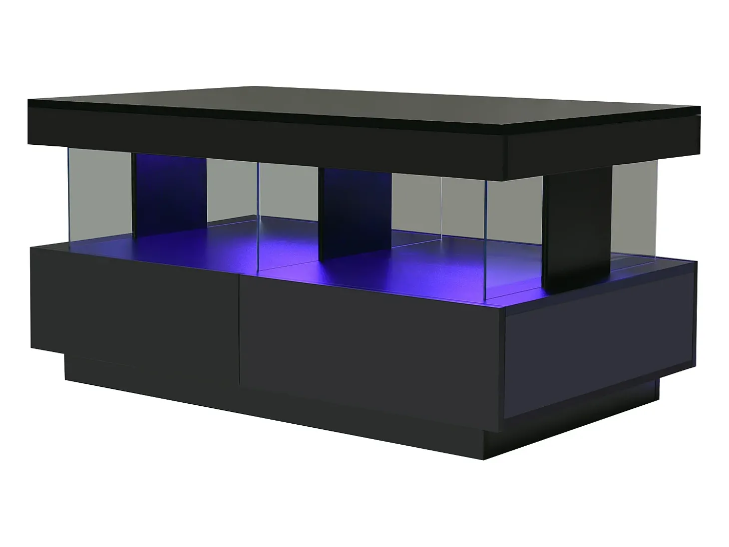 Mesa de centro com iluminação LED e 2 gavetas - Acabamento em preto brilhante
