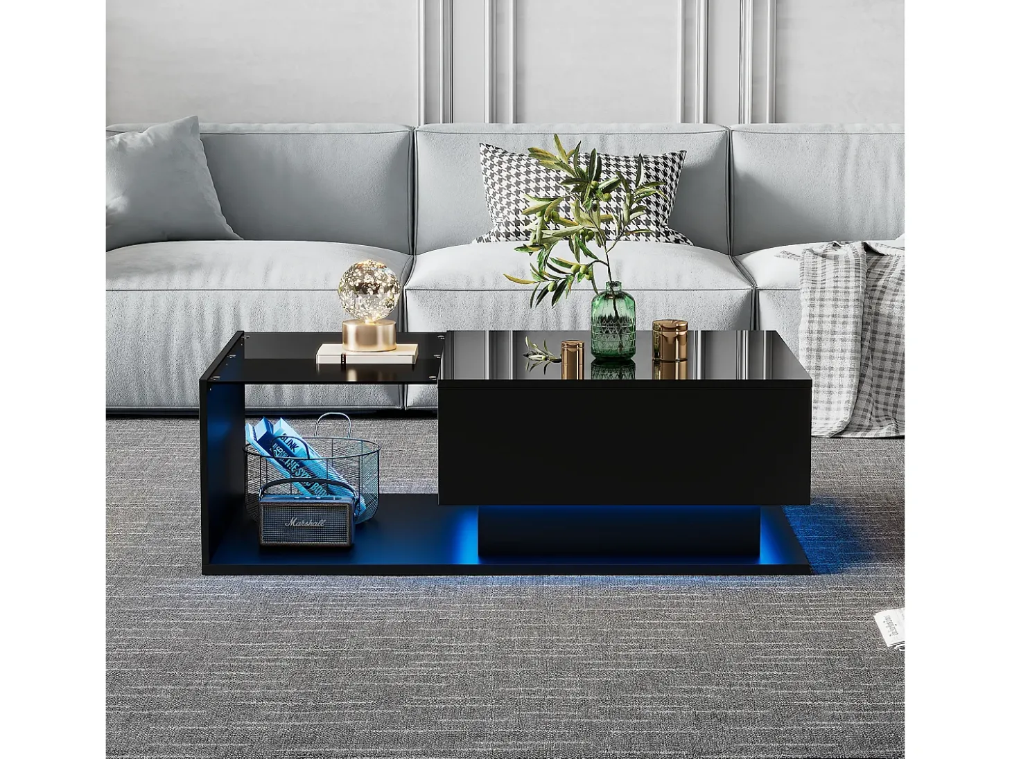 Mesa de centro com iluminação LED e 1 gaveta - Acabamento em preto brilhante - Tampo semi-transparente