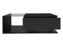 Mesa de centro com iluminação LED e 1 gaveta - Acabamento em preto brilhante - Tampo semi-transparente
