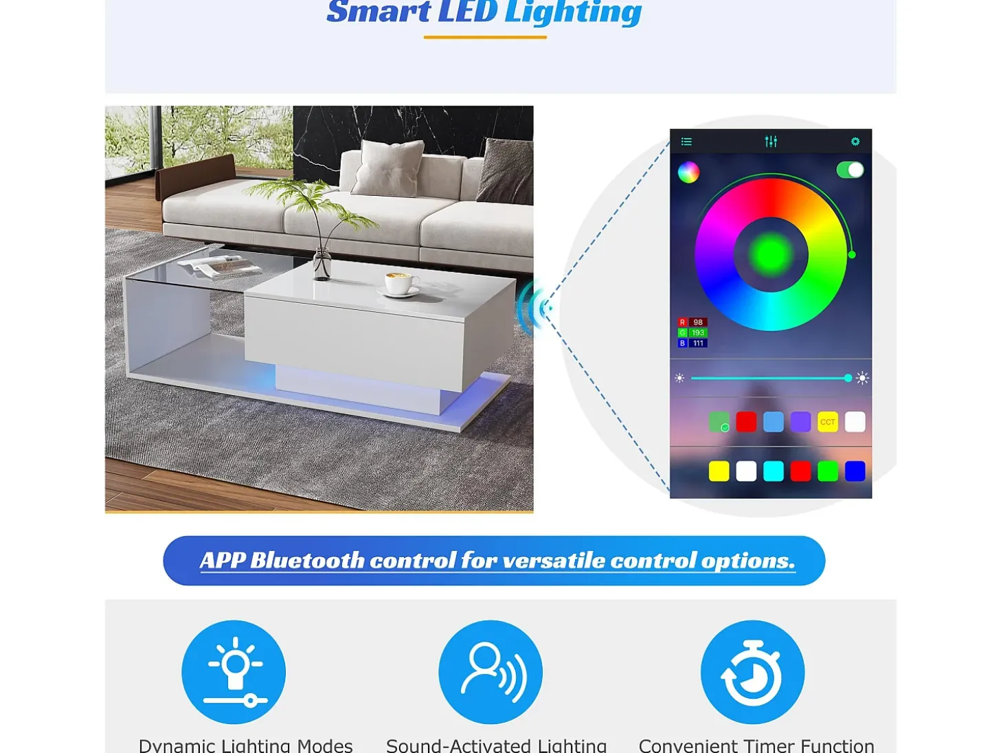 Mesa de centro com iluminação LED - com tampo de vidro e gavetas - Branca
