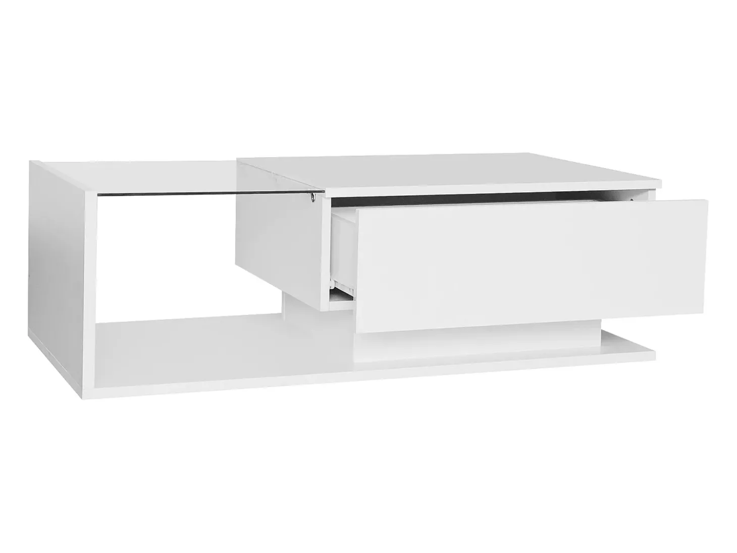 Mesa de centro com iluminação LED - com tampo de vidro e gavetas - Branca