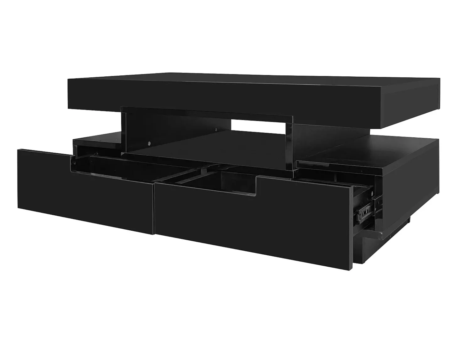 Mesa de centro com iluminação LED e 4 gavetas - Acabamento brilhante - Madeira PB preta