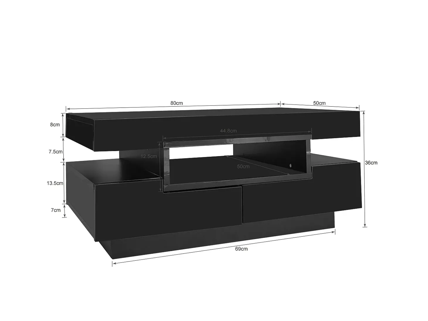 Mesa de centro com iluminação LED e 4 gavetas - Acabamento brilhante - Madeira PB preta
