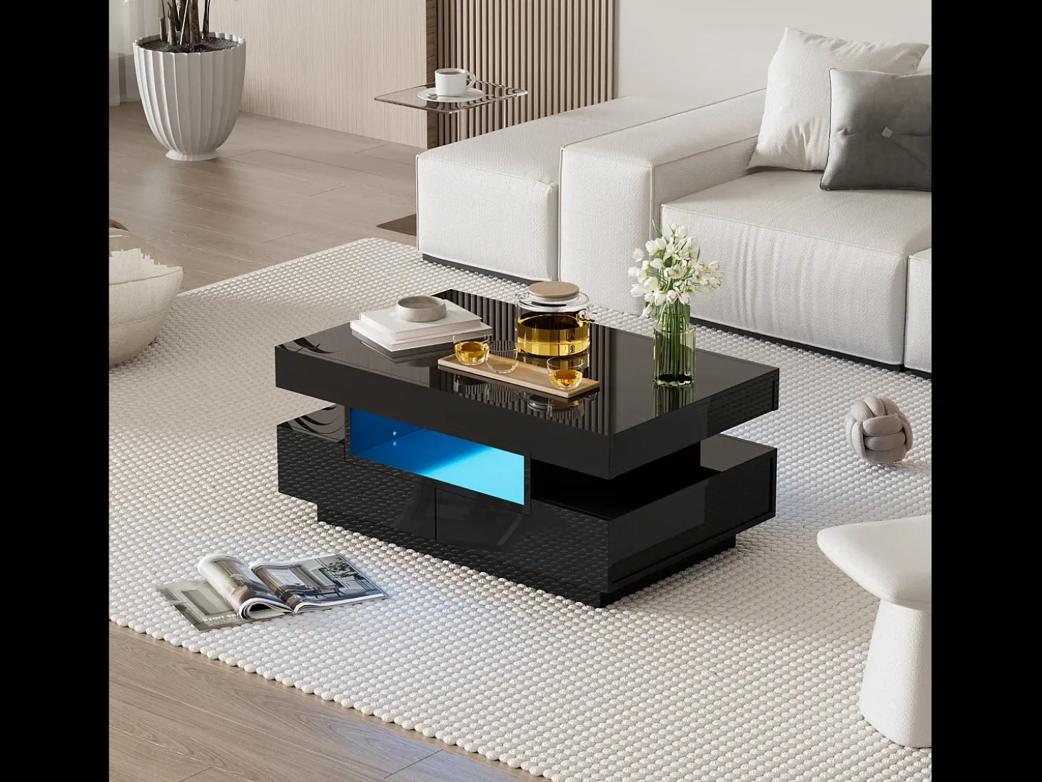 Mesa de centro com iluminação LED e 4 gavetas - Acabamento brilhante - Madeira PB preta