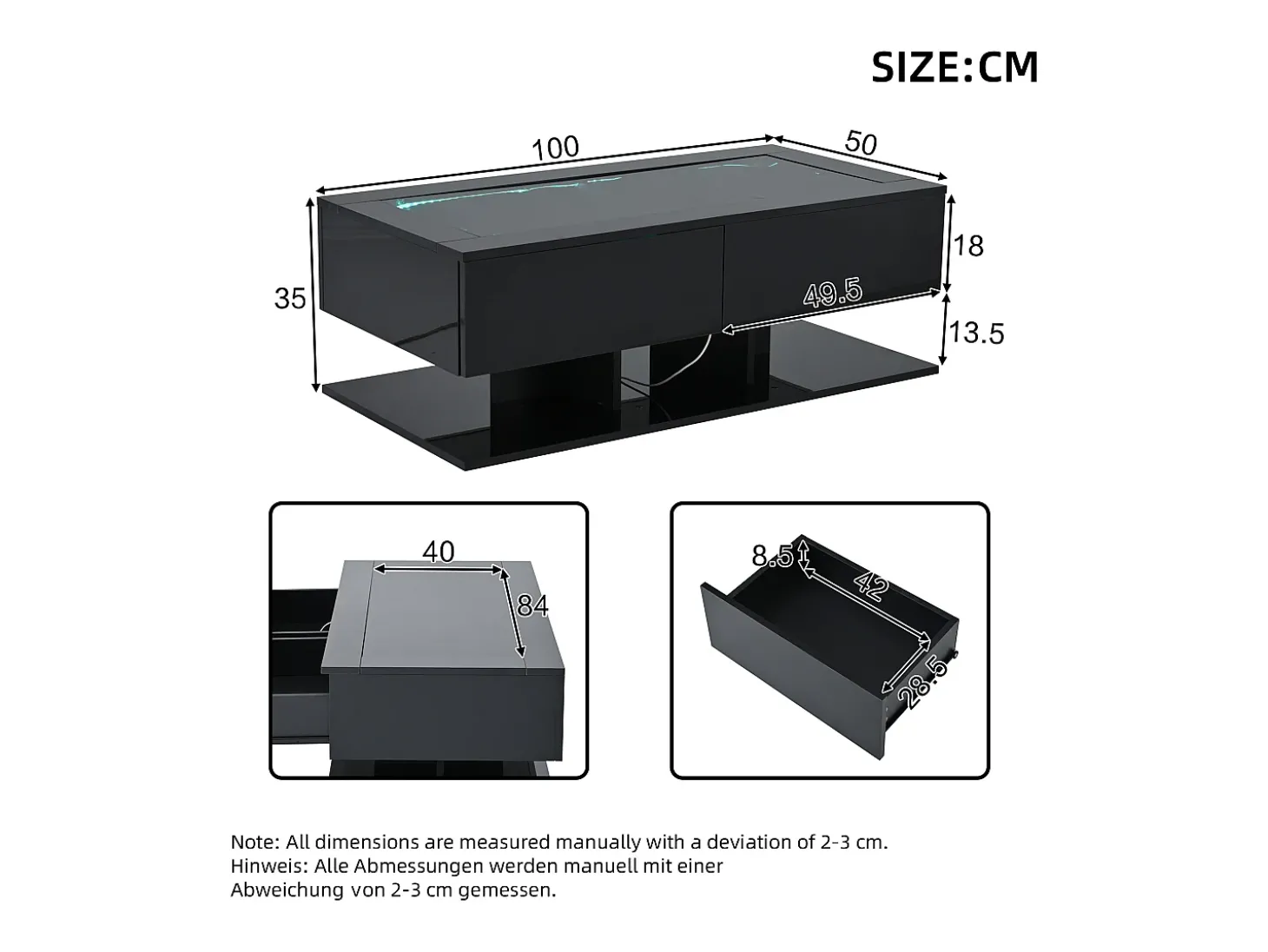 Mesa de centro com iluminação LED em lacado preto, 100x50x35 cm, com 2 gavetas e tampo em vidro.