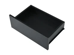 Mesa de centro com iluminação LED em lacado preto, 100x50x35 cm, com 2 gavetas e tampo em vidro.