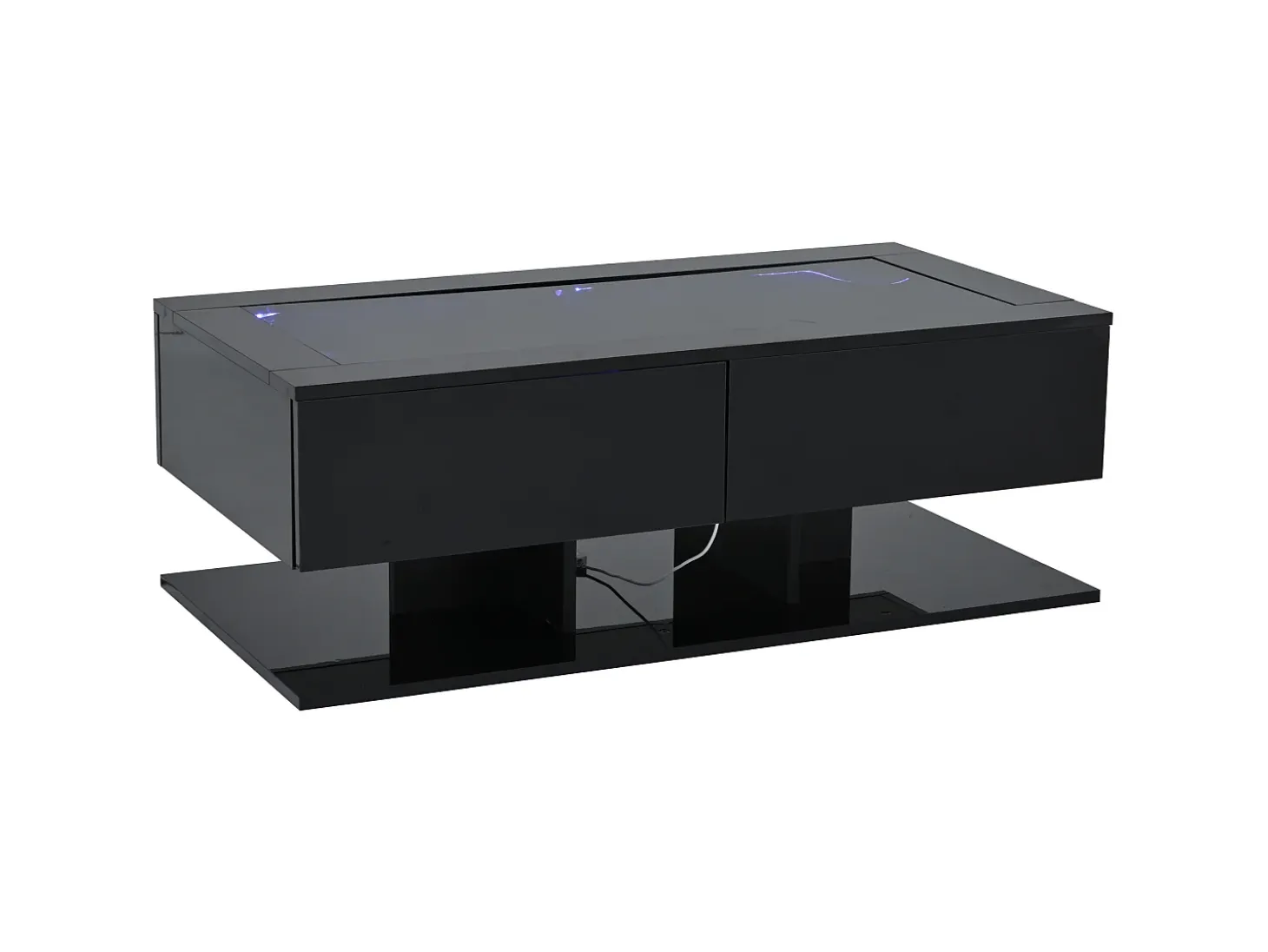 Mesa de centro com iluminação LED em lacado preto, 100x50x35 cm, com 2 gavetas e tampo em vidro.